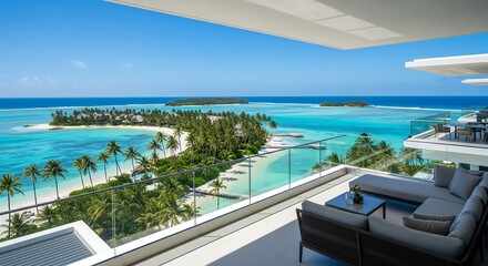 Fototapeta premium Relaxing on a penthouse balcony with a panoramic ocean view of a tropical island