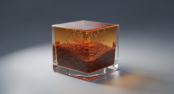 A glass cube filled with ctc tea granules submerged in golden liquid with air bubbles floating inside against a clean minimalist studio background