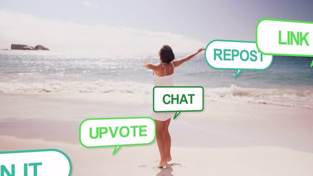 Woman extending arms at shore, causing social media bubbles UPVOTE floating while walking right