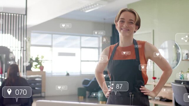 Hairstylist shifting arms-crossed to hands on hips in salon, reacting to rising engagement bubbles