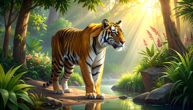 A tiger stands by a serene jungle pond
