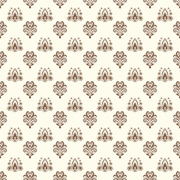 Seamless brown floral pattern on beige background with vintage ornamental motifs. Elegant repeating design ideal for fabric, wallpaper, wrapping paper, and decorative surfaces.