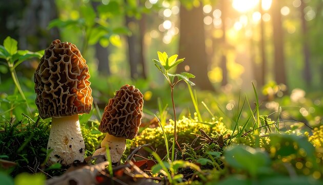 A serene forest scene featuring two morel mushrooms