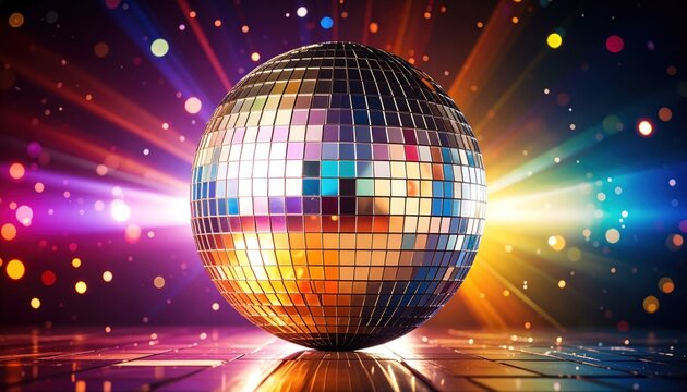 Vibrant disco ball illuminated with multicolored lights on a reflective surface