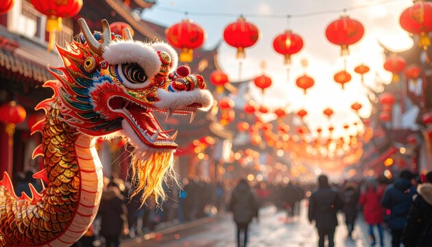 Vibrant dragon with colorful scales during festive street parade, adorned with red lanterns above