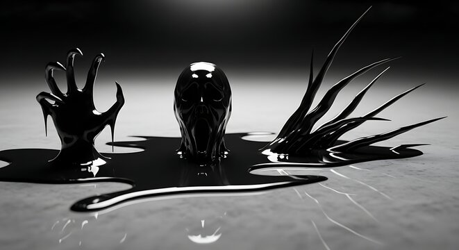 Dark Black Liquid Skull Hand and Claw in Viscous Substance with Reflection and Contrast