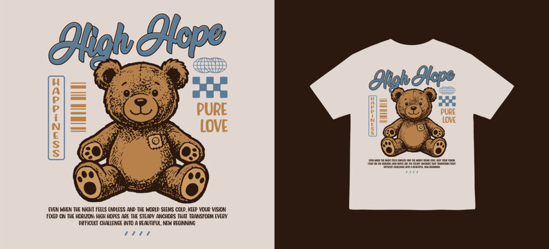 Vector illustrationa of a brown bear doll with text for t-shirt print design template