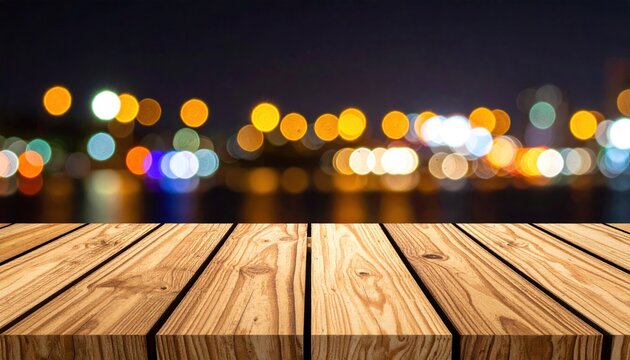 Wooden deck overlooking a cityscape with colorful bokeh lights illuminating the night sky