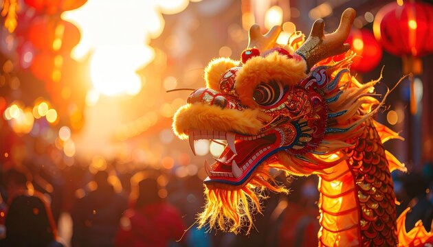 Vibrant dragon parade with colorful costume in dazzling sunset glow, surrounded by festive lanterns