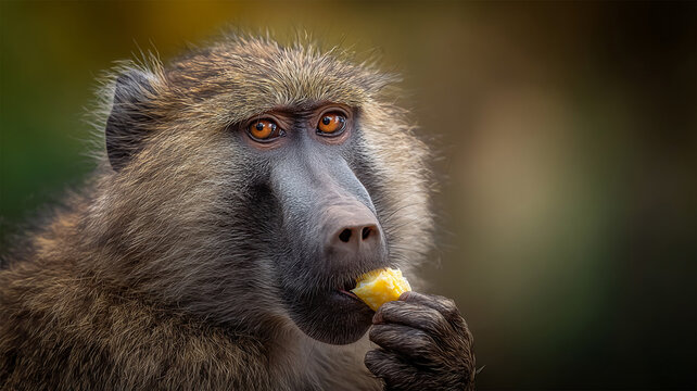 Baboons eat fruits. Monkey in a bush. Close up. African wildlife. Wild animals. Olive baboon. Blurred background
