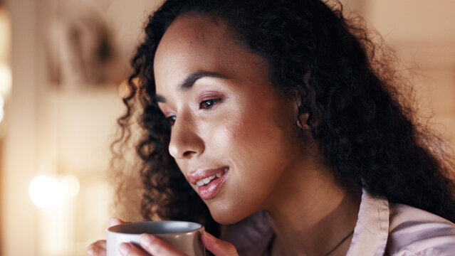 Thinking, night or woman in office with coffee, insight or evening perspective for report pitch. Business, overtime or employee in agency with mug, proposal planning or project ideas in late shift.