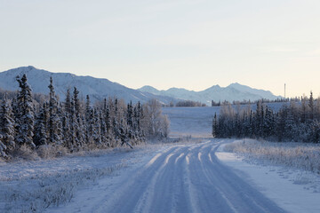 Obraz premium Snowy road through trees in Alaska