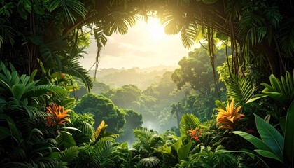Naklejka premium Sunlight filters through lush, dense jungle foliage, revealing a vibrant, verdant canopy landscape