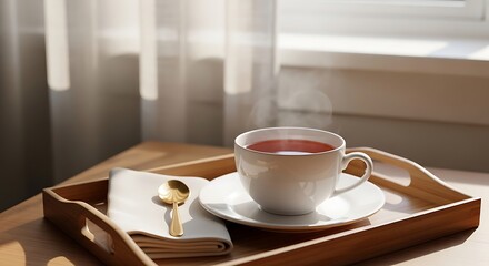Fototapeta premium A steaming cup of ctc tea served on a wooden tray with a golden spoon and a white napkin in a bright sunlit room with soft shadows creating a calm mood