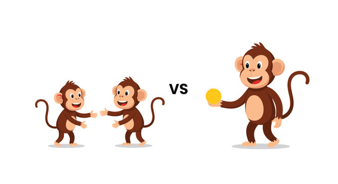 Comparative illustration showing two small monkeys shaking hands versus one larger monkey holding a yellow ball to teach size and quantity.