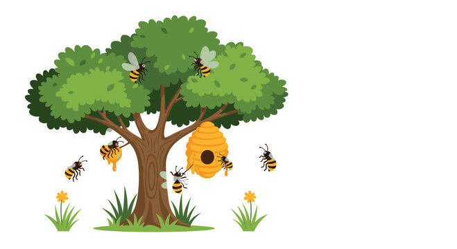 Illustration of a buzzing bee colony around a golden beehive hanging from a lush green tree branch in a meadow with flowers.