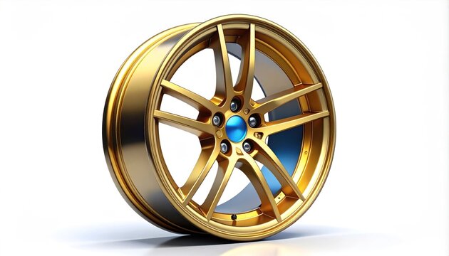 A golden car wheel rim with a glossy finish and blue center cap sits on a sleek white surface
