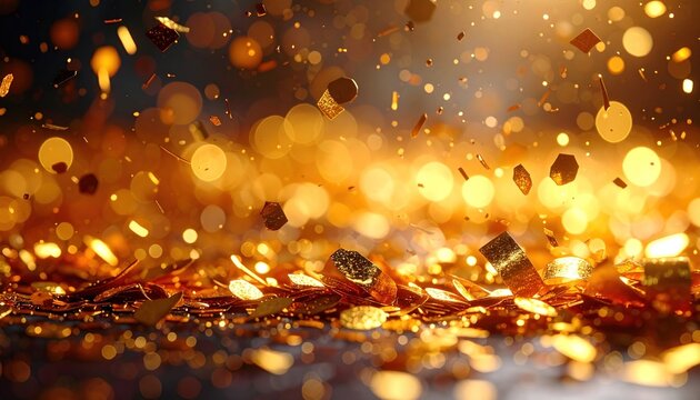 Golden confetti and scattered glitter sparkles, glowing warmly in soft, ambient lighting effect