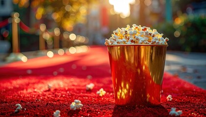 Naklejka premium A golden bucket of popcorn on a red carpet under warm sunlight on a blurred outdoor path