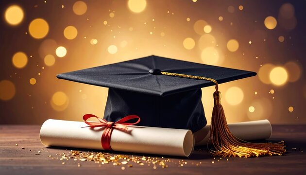 Graduation cap and diploma on wooden table with glitter and bokeh lights in festive scene