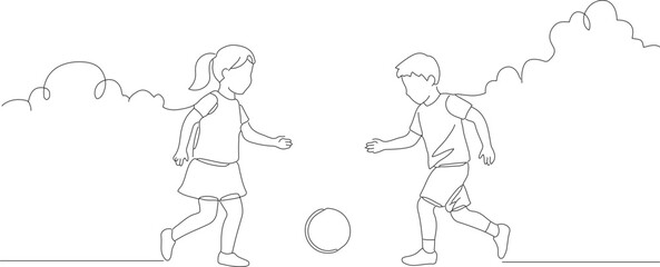Simple Line Drawing Illustration of Two Children Playing Soccer on a Field with Abstract Clouds © Artozo