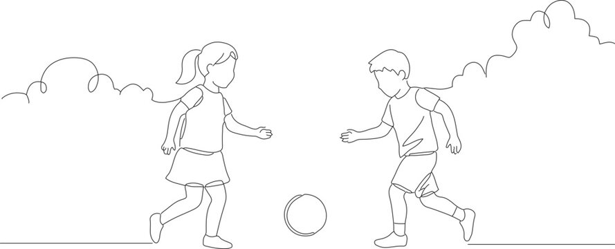 Simple Line Drawing Illustration of Two Children Playing Soccer on a Field with Abstract Clouds