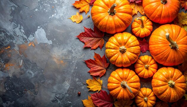 Vibrant pumpkins and autumn leaves contrast against a textured stone background in an artful display