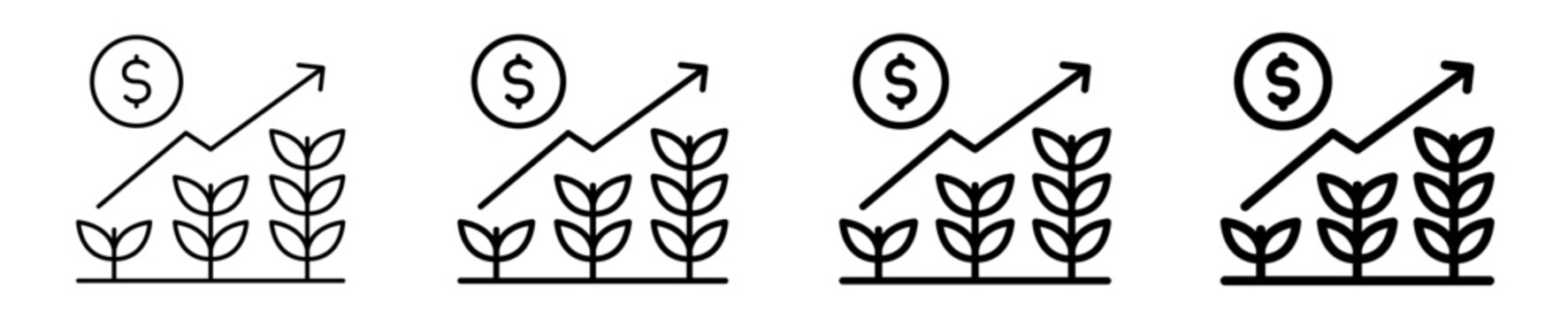 Financial agriculture growth investment linear icon collection design. Editable vector stroke icons