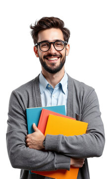 Student books education man in glasses and cardigan holds colorful notebooks against a white background representing learning