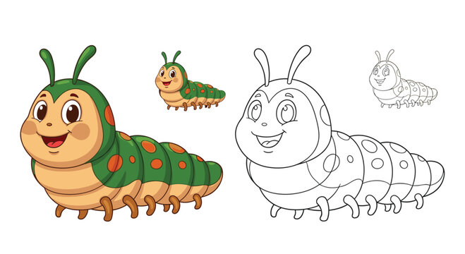 Adorable smiling green and yellow caterpillar character with orange spots in several versions including color and line art.