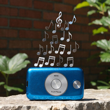 a blue iPod with music notes on the top of it