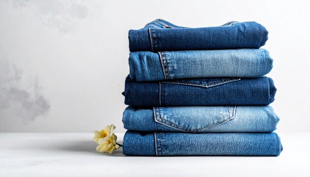Stack of five blue denim jeans on white surface with a small yellow flower to the side