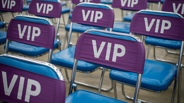 Rows of blue chairs with purple VIP signs  