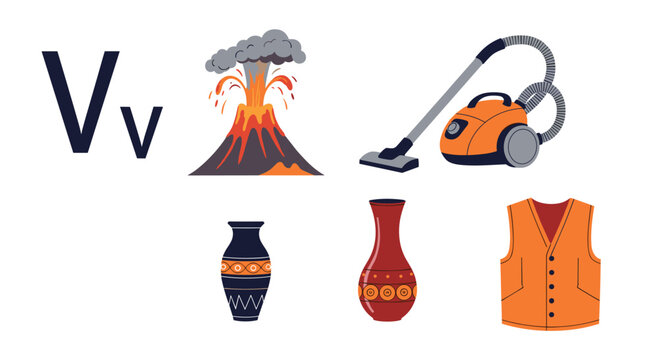 Educational vocabulary poster for the letter V featuring a volcano, vacuum cleaner, two ceramic vases, and a bright orange sleeveless vest.