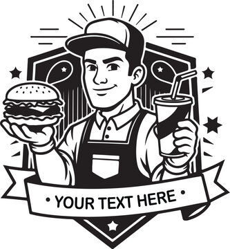 Vintage-style chef presenting a burger and drink with customizable text banner