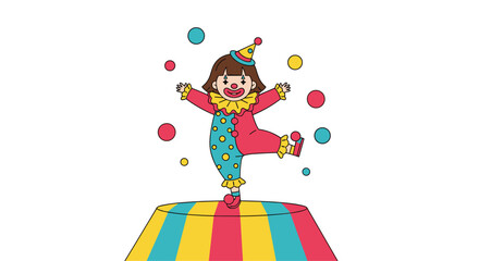 Fototapeta premium Happy female clown with a big smile juggling several colorful balls while standing on a striped circus platform during a fun performance.