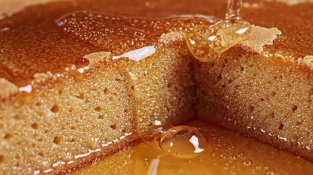Closeup of golden honey being poured over a freshly baked porous cake creating a glistening sweet dessert scene.