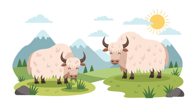 Two fluffy white yaks with large horns grazing peacefully in a mountain landscape under a bright sun with clouds and green grass fields.