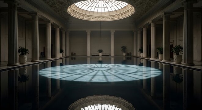 Grand indoor pool features dome.