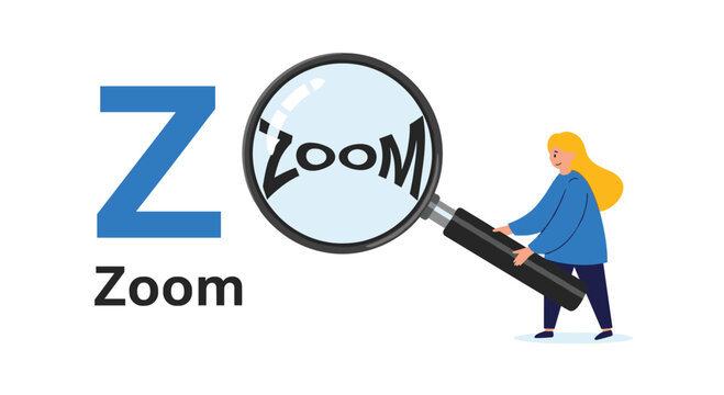 Educational vocabulary illustration for the letter Z featuring a woman using a large magnifying glass to zoom in on a handwritten word.