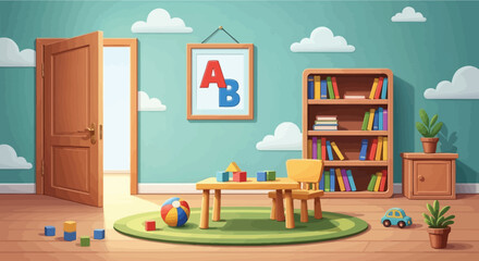 Obraz premium A brightly colored playroom features an open door alphabet art toys and furniture high quality