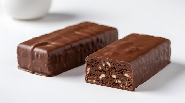 Two chocolate bars on a white surface with one cut open to show the inside  