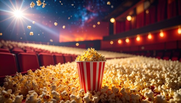 A theater filled with popcorn with a striped bucket at the center, under cosmic ceiling lighting
