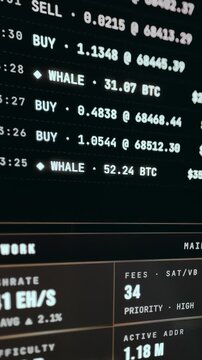 Live trading feed showing Bitcoin purchases and large Whale transactions