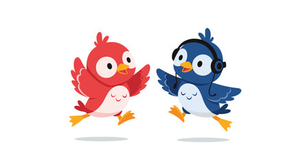 Naklejka premium Two joyful birds, one red and one blue, flying and dancing together with the blue bird wearing black headphones and listening to music.