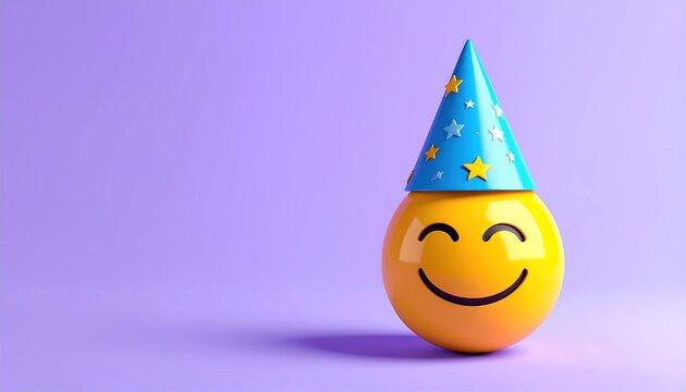 A smiling yellow sphere with party hat on lavender background symbolizes joy and celebration