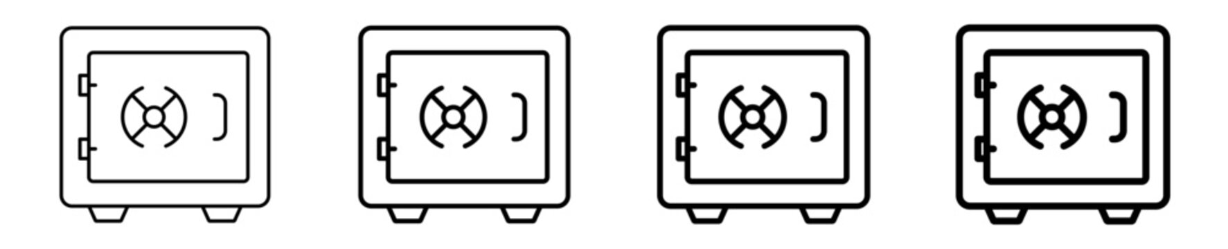 Bank vault security safe box linear icon collection design. Editable vector stroke icons