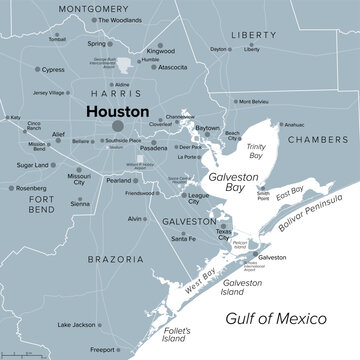 Houston and vicinity, gray political map. Houston, seat of Harris County, and most populous city in the U.S. state of Texas, in the Southern United States near Galveston Bay and Gulf of Mexico. Vector