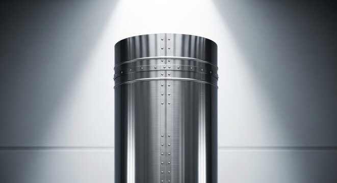 Close up of a brushed stainless steel chimney flue pipe section showcasing its metallic construction and smooth cylindrical form