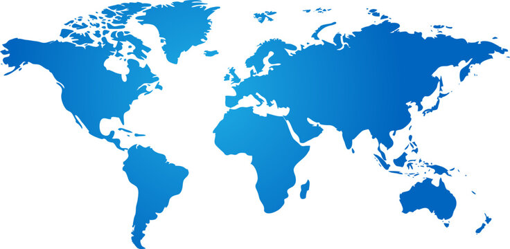 World map, blue continents, vector illustration, global geography, flat design